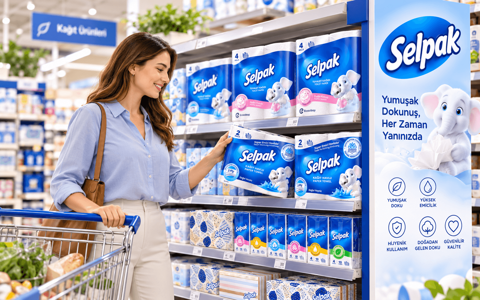 Shopper selecting Selpak products in a modern retail store